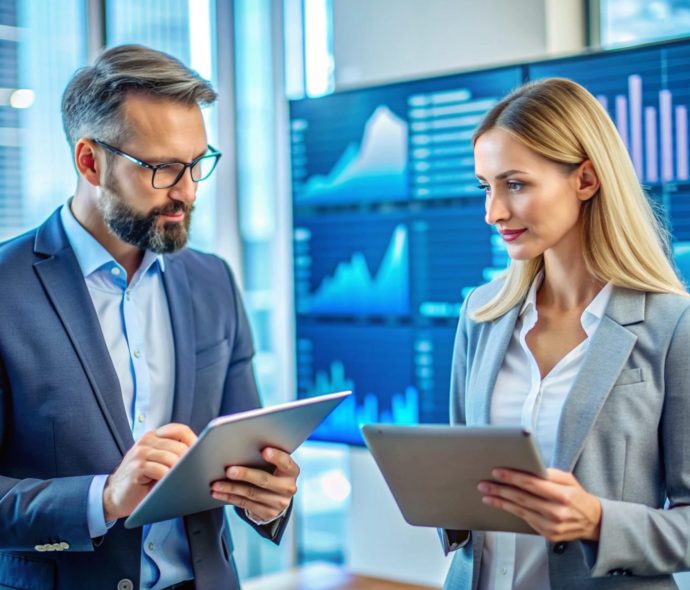 Business partners reviewing data on tablets.